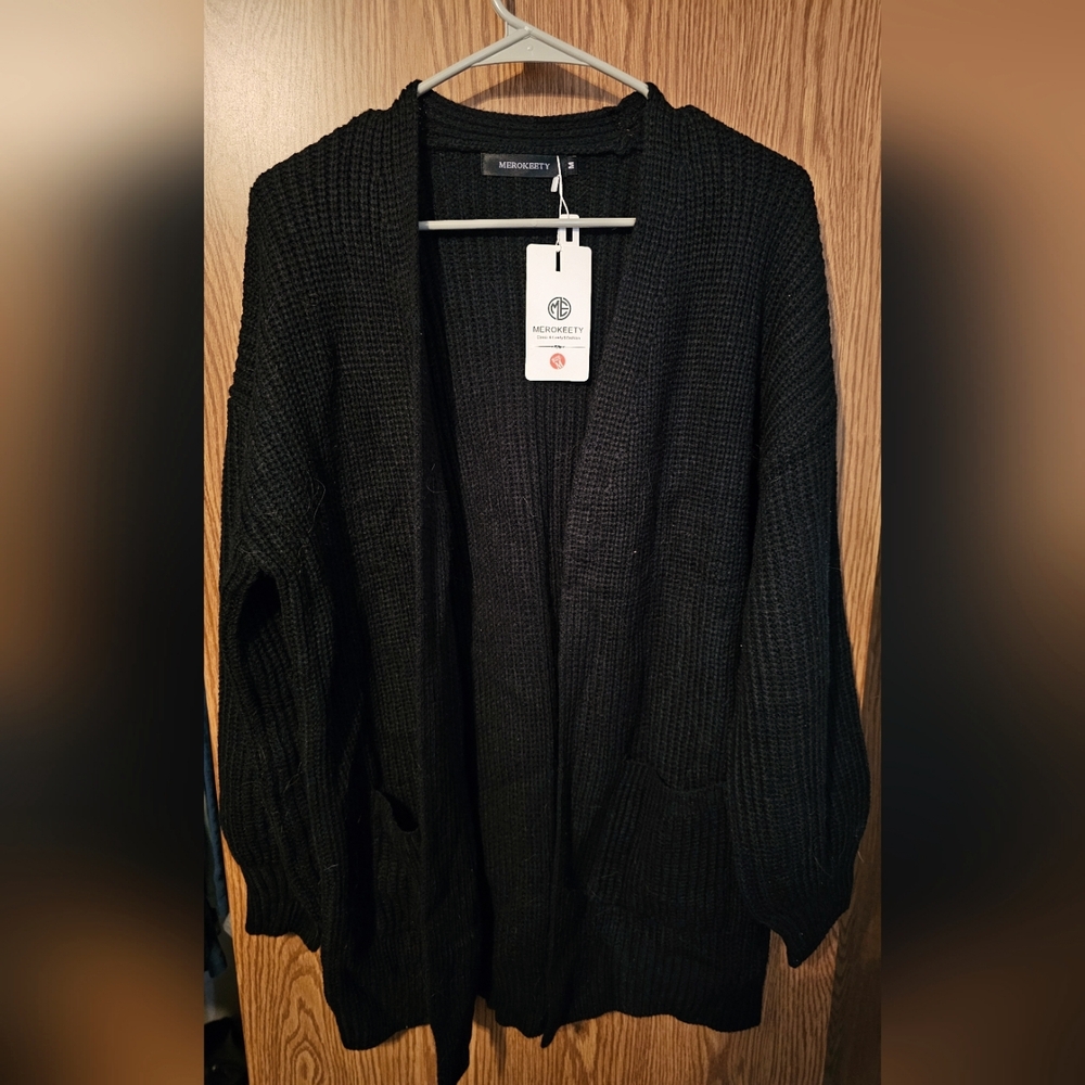 Black Cardigan Sweater with Open Front Design